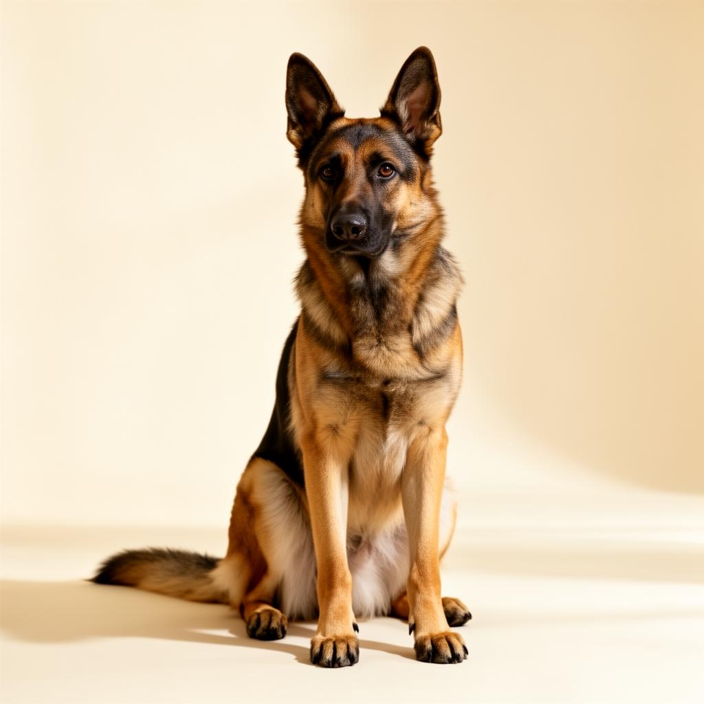 A noble working German Shepherd sitting in a bright studio, alert and well-conditioned.